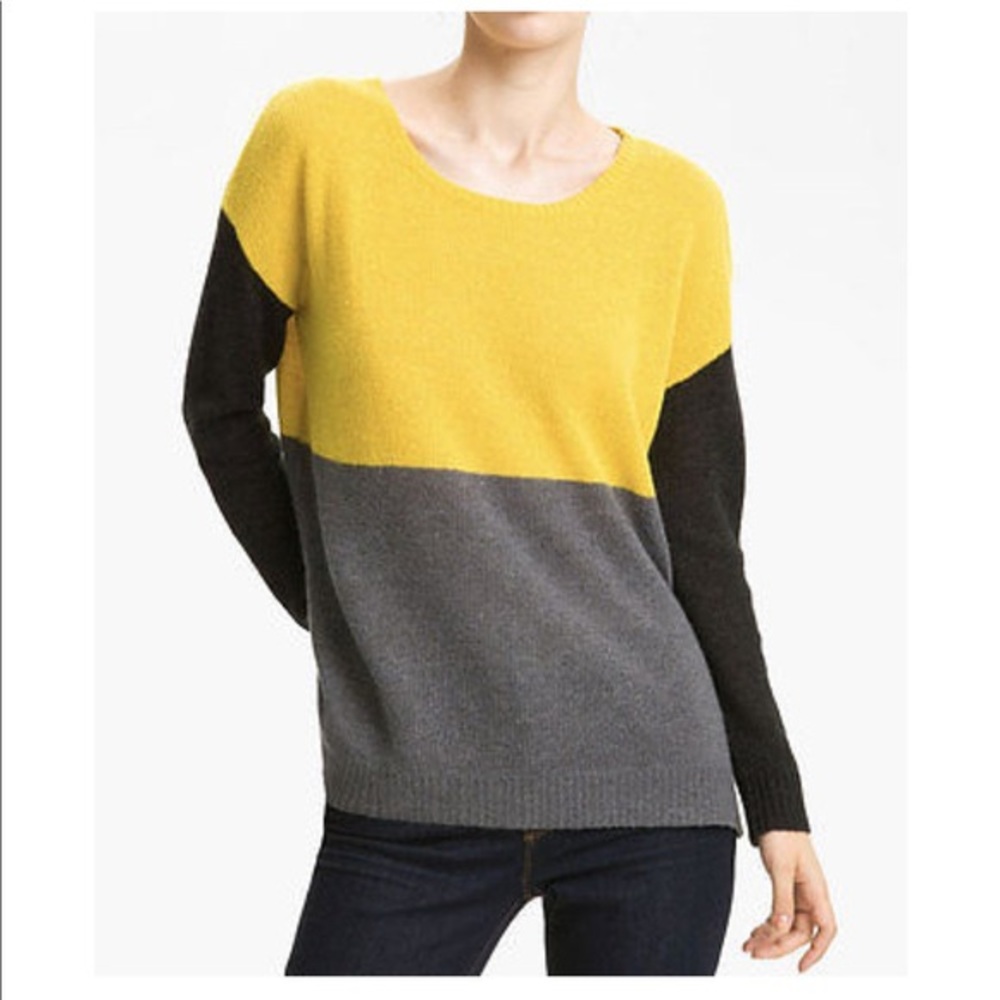Joie Yellow/Black/Grey Colorblock Viscose/Lambswool/Cashmere Crewneck Sweater